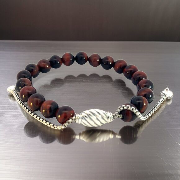 David Yurman Estate Tiger Eye Spiritual Beads Bracelet 6.6 - 8.5" Silver 8 mm - Picture 1 of 16